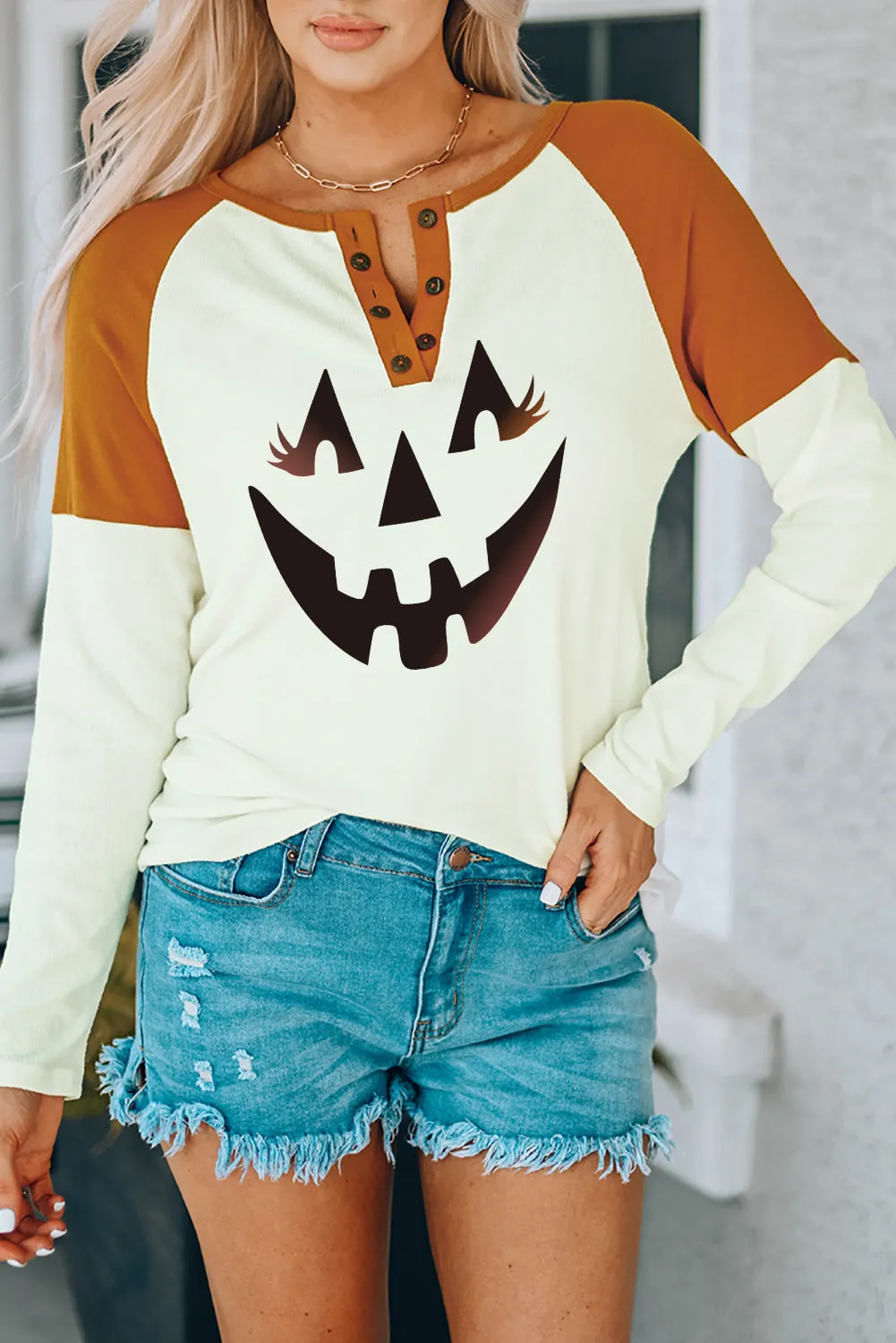 Colorblock Ribbed Buttons Long Sleeve Top