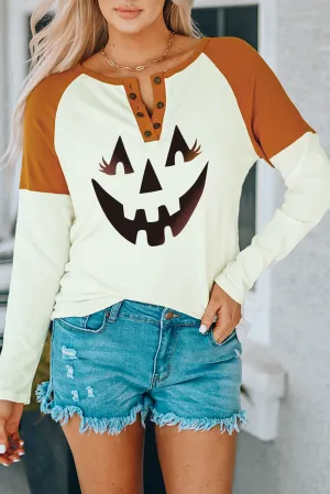 Colorblock Ribbed Buttons Long Sleeve Top
