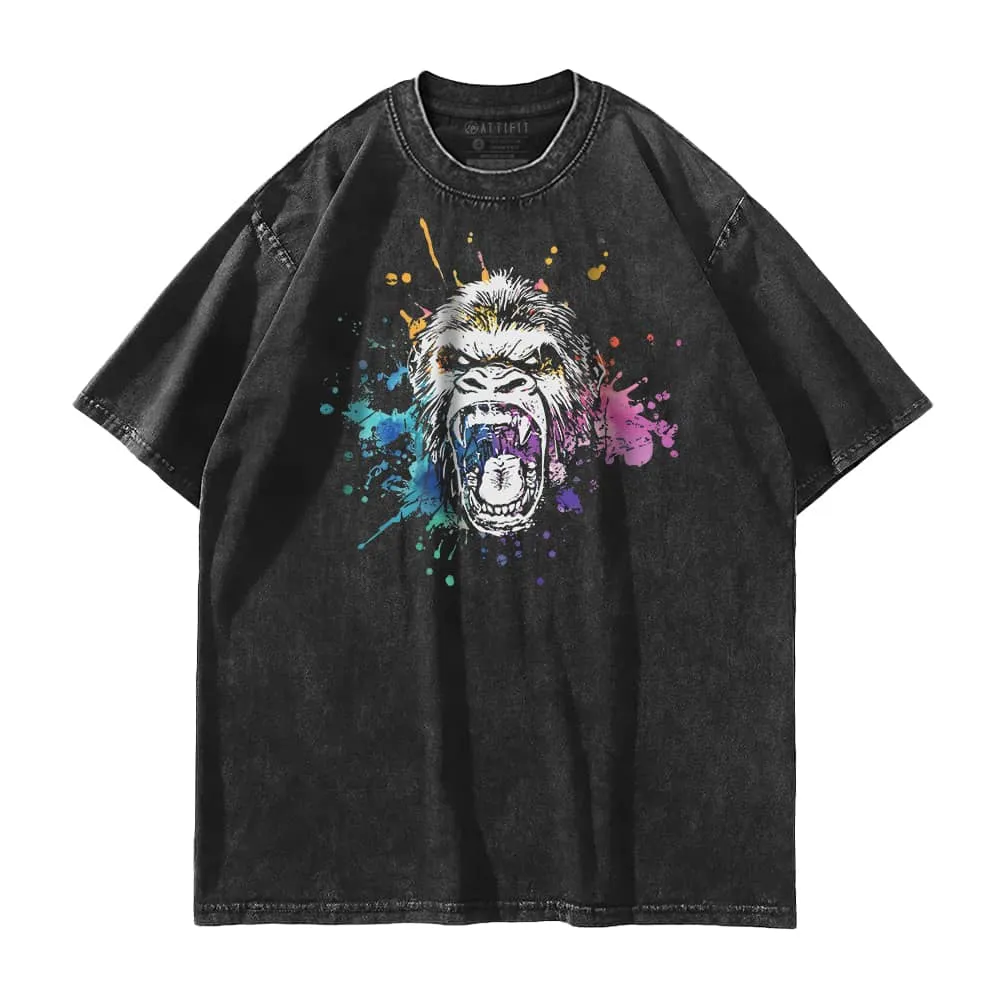 Colorful Ink Splash Gorilla Washed T-Shirt