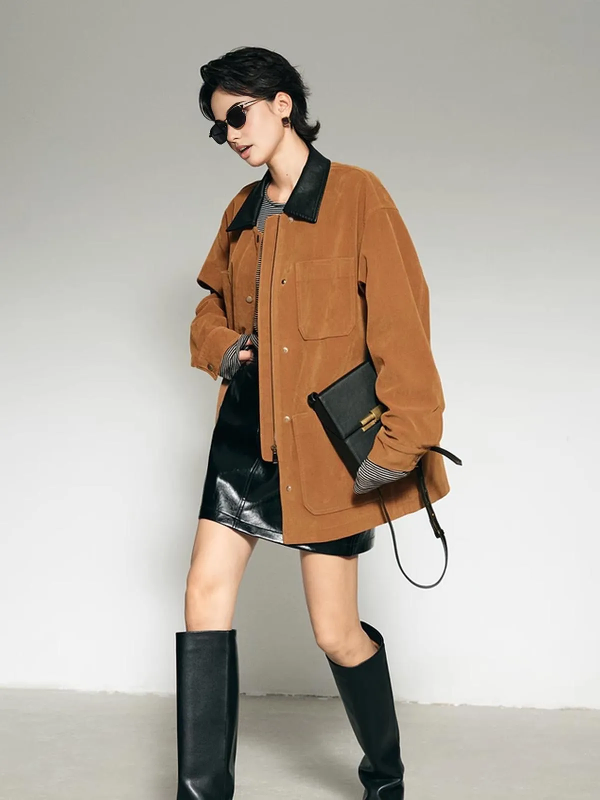 Contrast Collar Oversized Suede Jacket