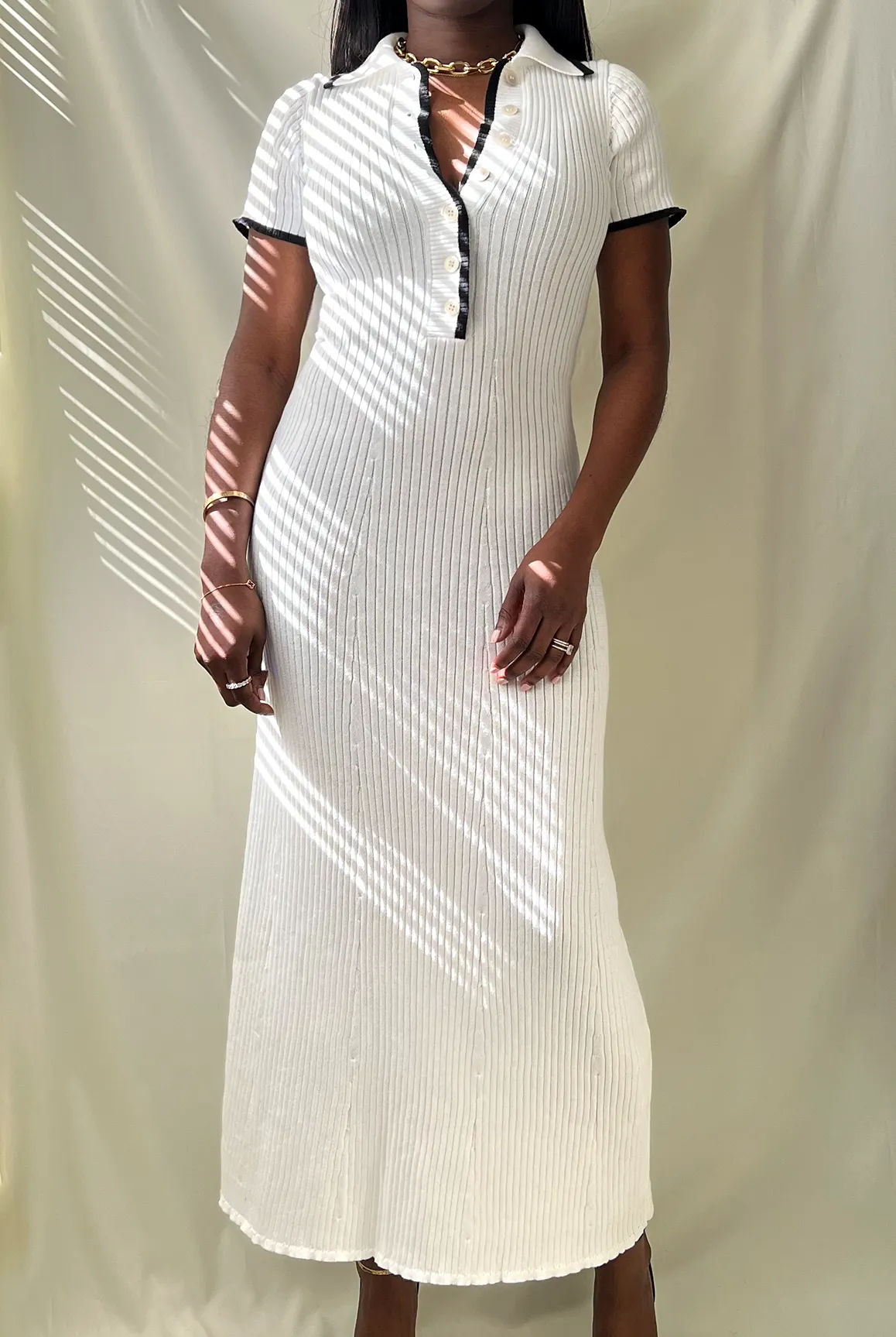 Contrast Ribbed Polo Midi Dress