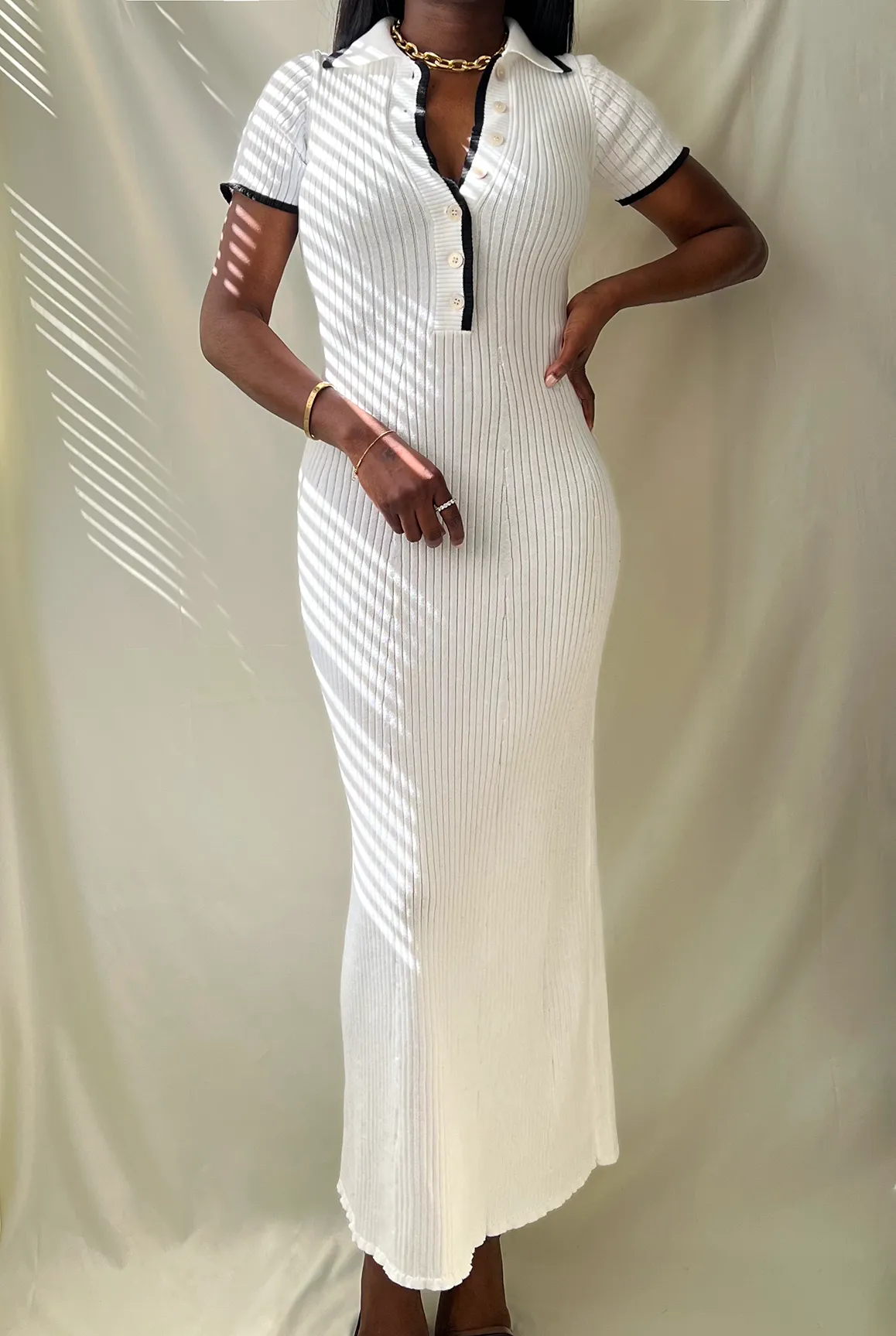 Contrast Ribbed Polo Midi Dress