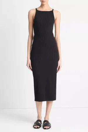 Cotton-Blend Ribbed High-Neck Tank Dress in Black