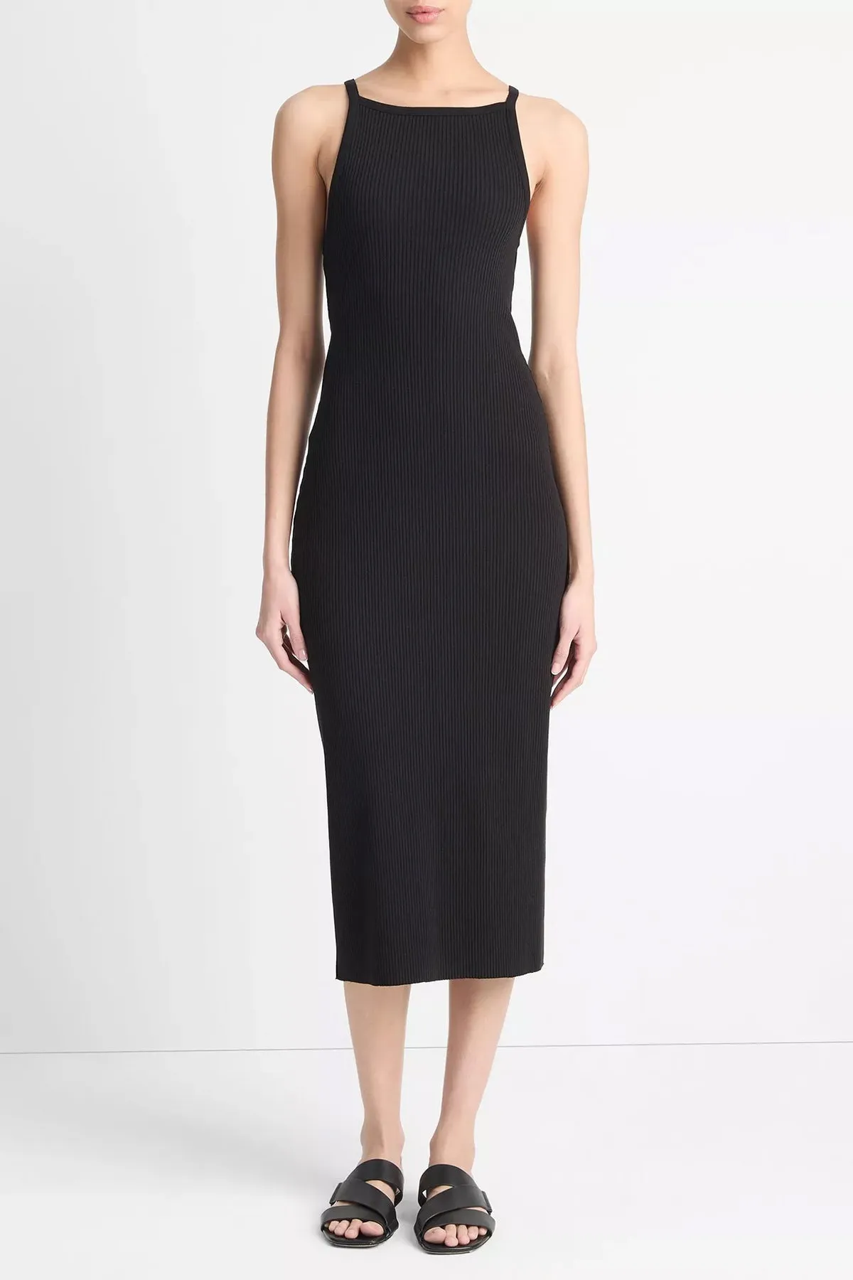 Cotton-Blend Ribbed High-Neck Tank Dress in Black