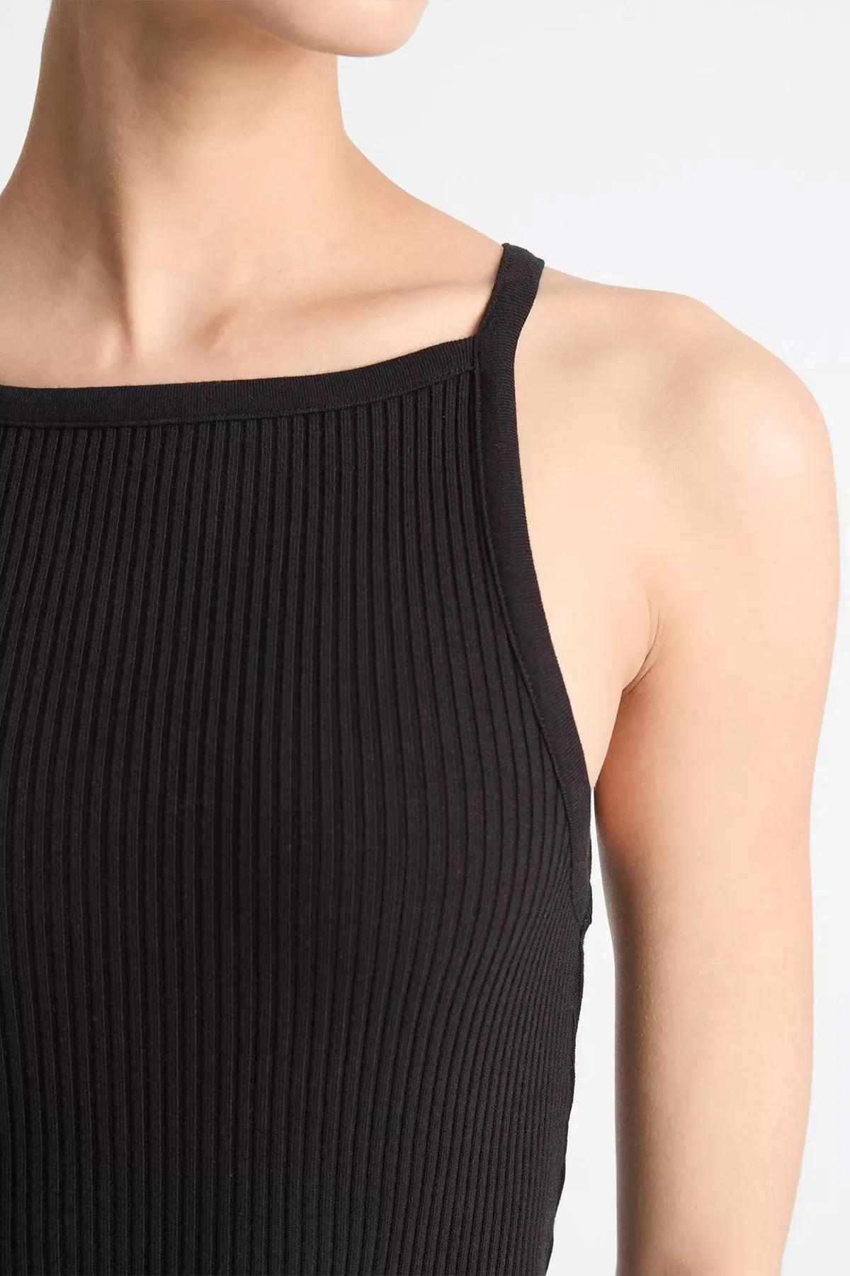 Cotton-Blend Ribbed High-Neck Tank Dress in Black