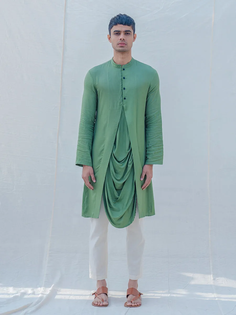 Cotton X Rayon Green Cowl Kurta with Off-White Pant Set