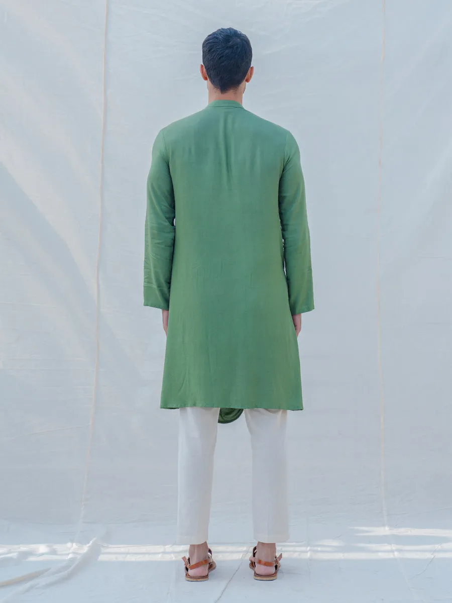 Cotton X Rayon Green Cowl Kurta with Off-White Pant Set