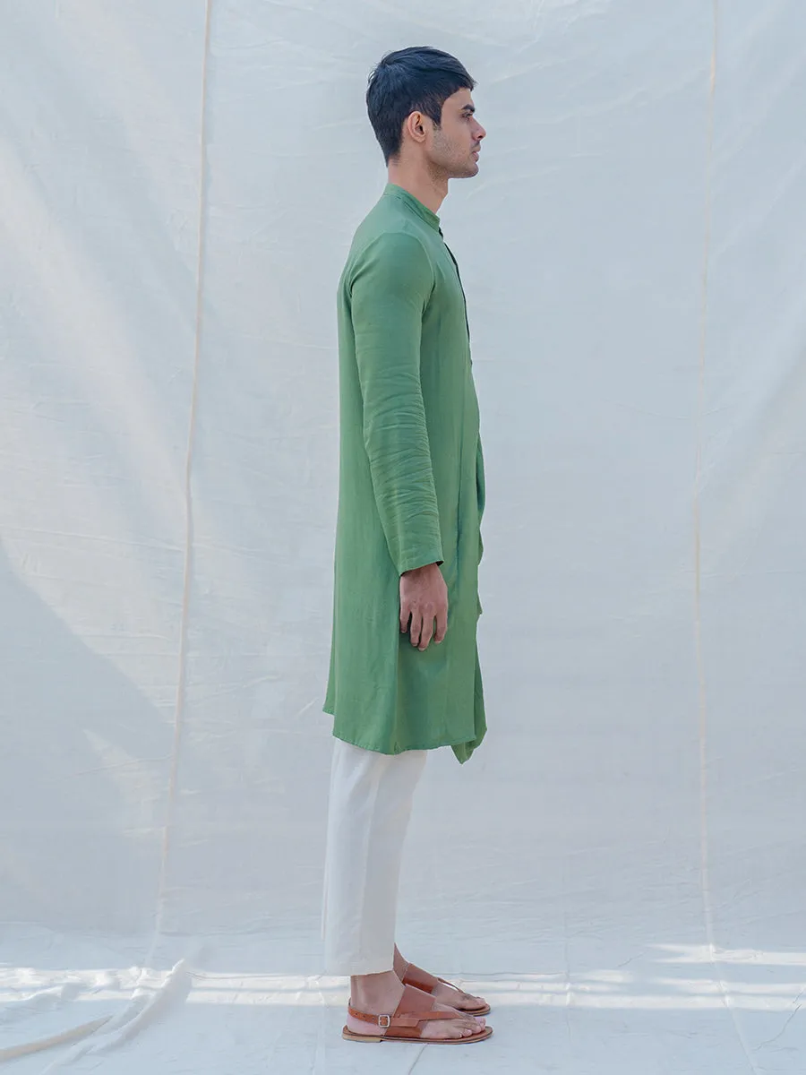 Cotton X Rayon Green Cowl Kurta with Off-White Pant Set