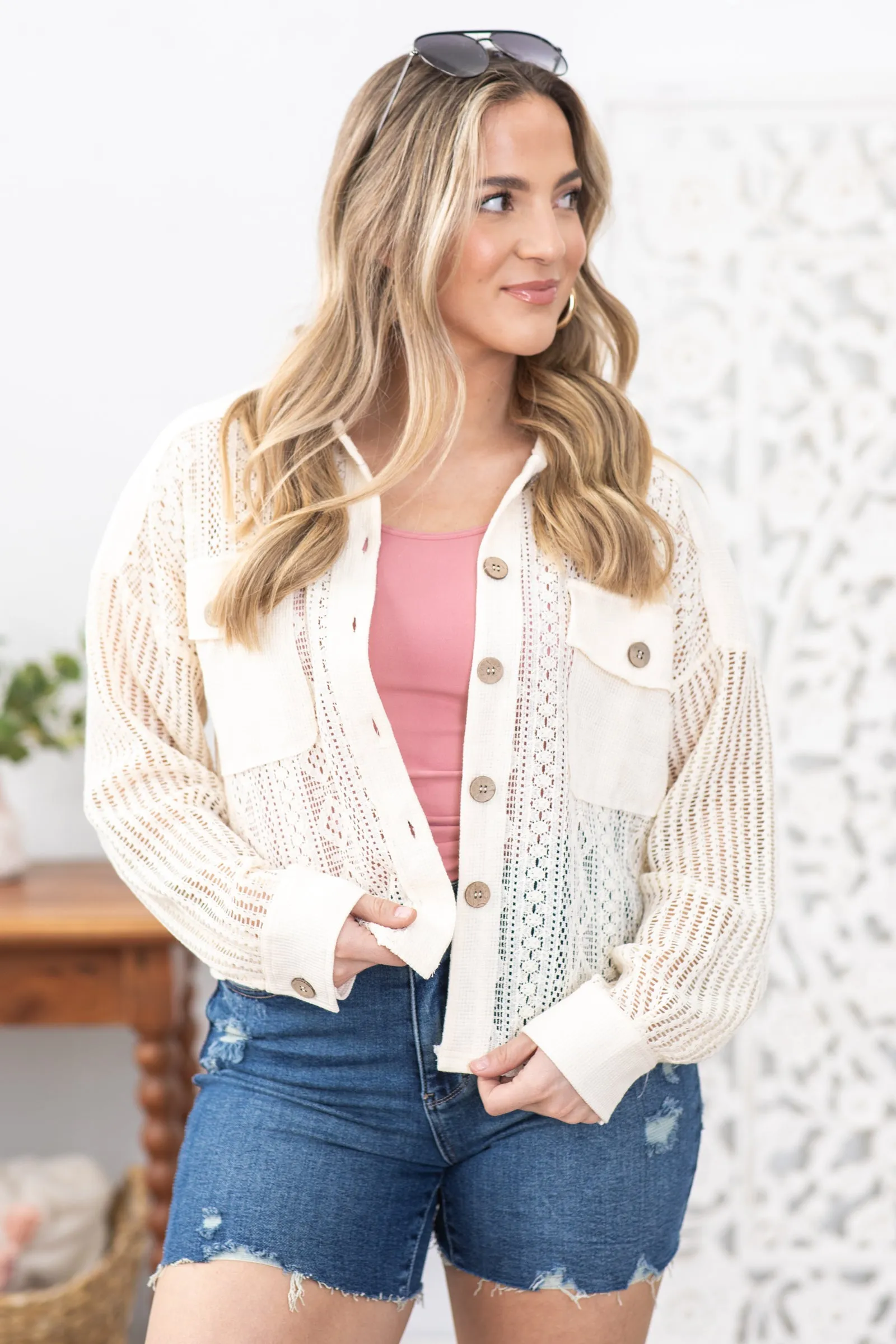 Cream Oversized Lace Detail Shirt Jacket