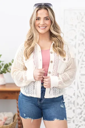 Cream Oversized Lace Detail Shirt Jacket