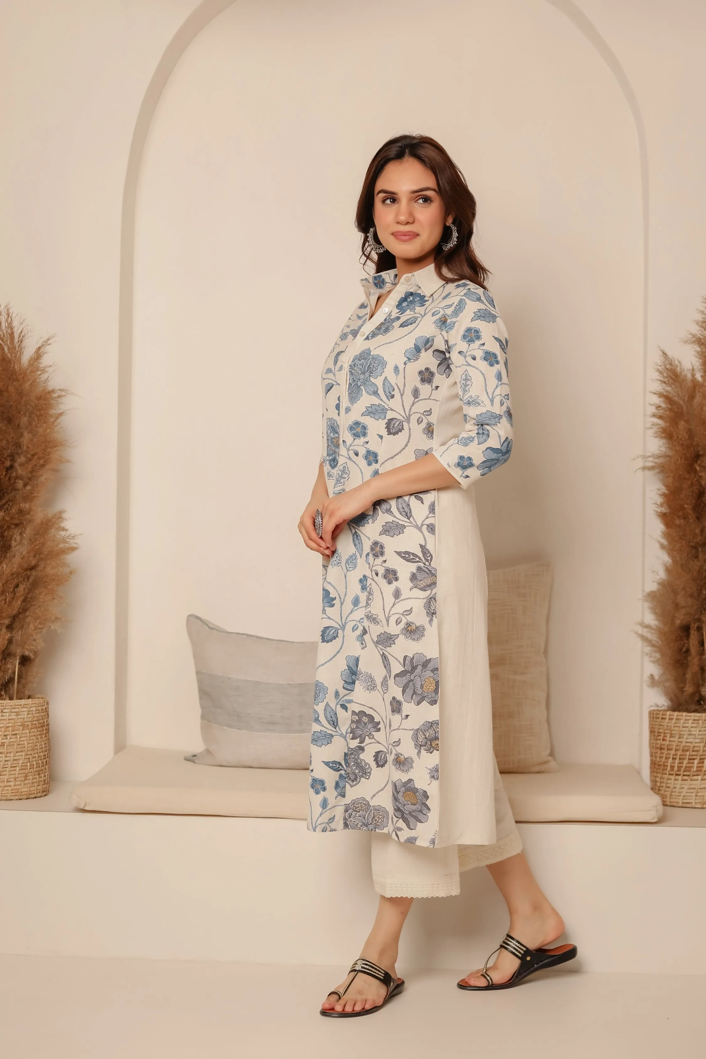 Cream With Blue Cotton Flex Ready-To-Wear A-Line Woven Kurta With Pant