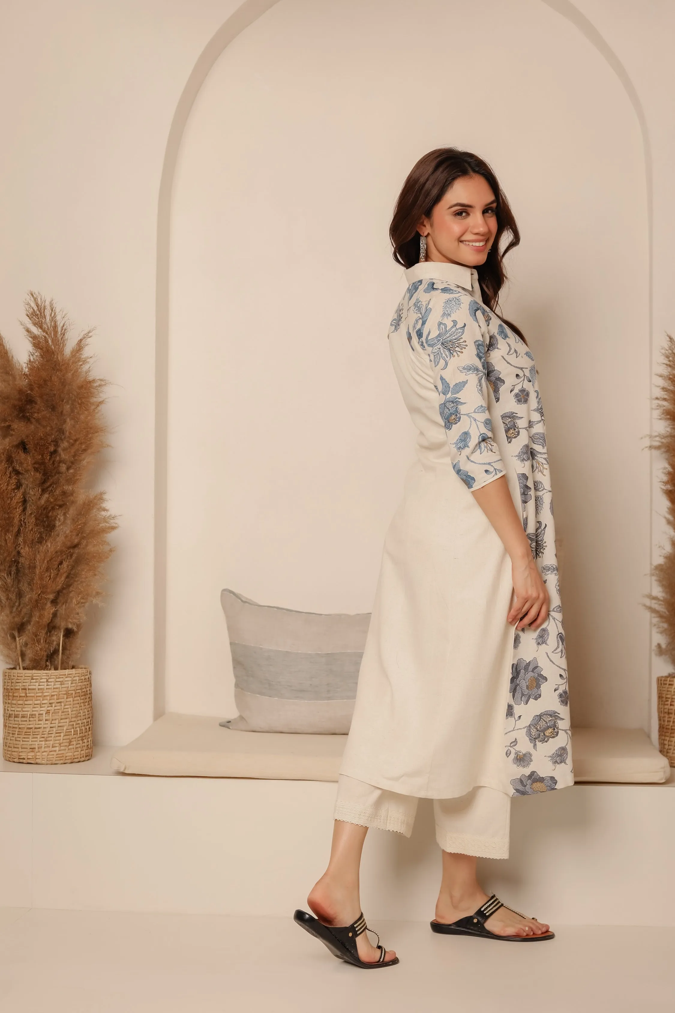 Cream With Blue Cotton Flex Ready-To-Wear A-Line Woven Kurta With Pant