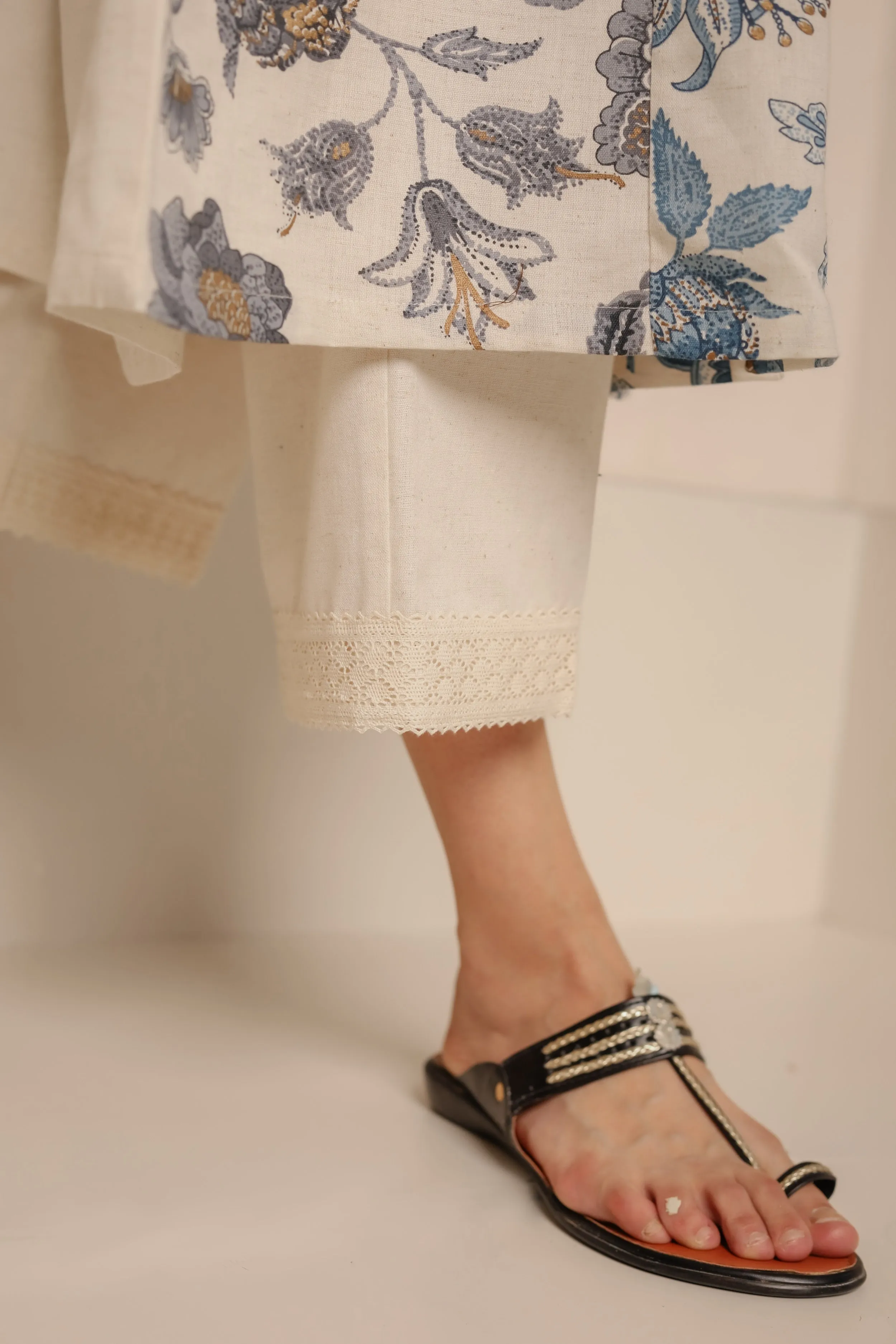 Cream With Blue Cotton Flex Ready-To-Wear A-Line Woven Kurta With Pant