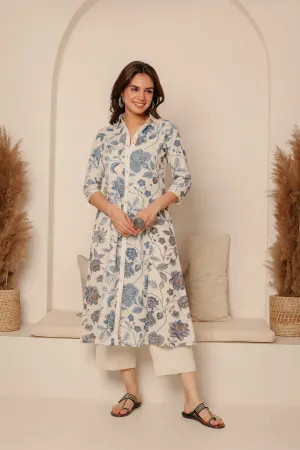 Cream With Blue Cotton Flex Ready-To-Wear A-Line Woven Kurta With Pant