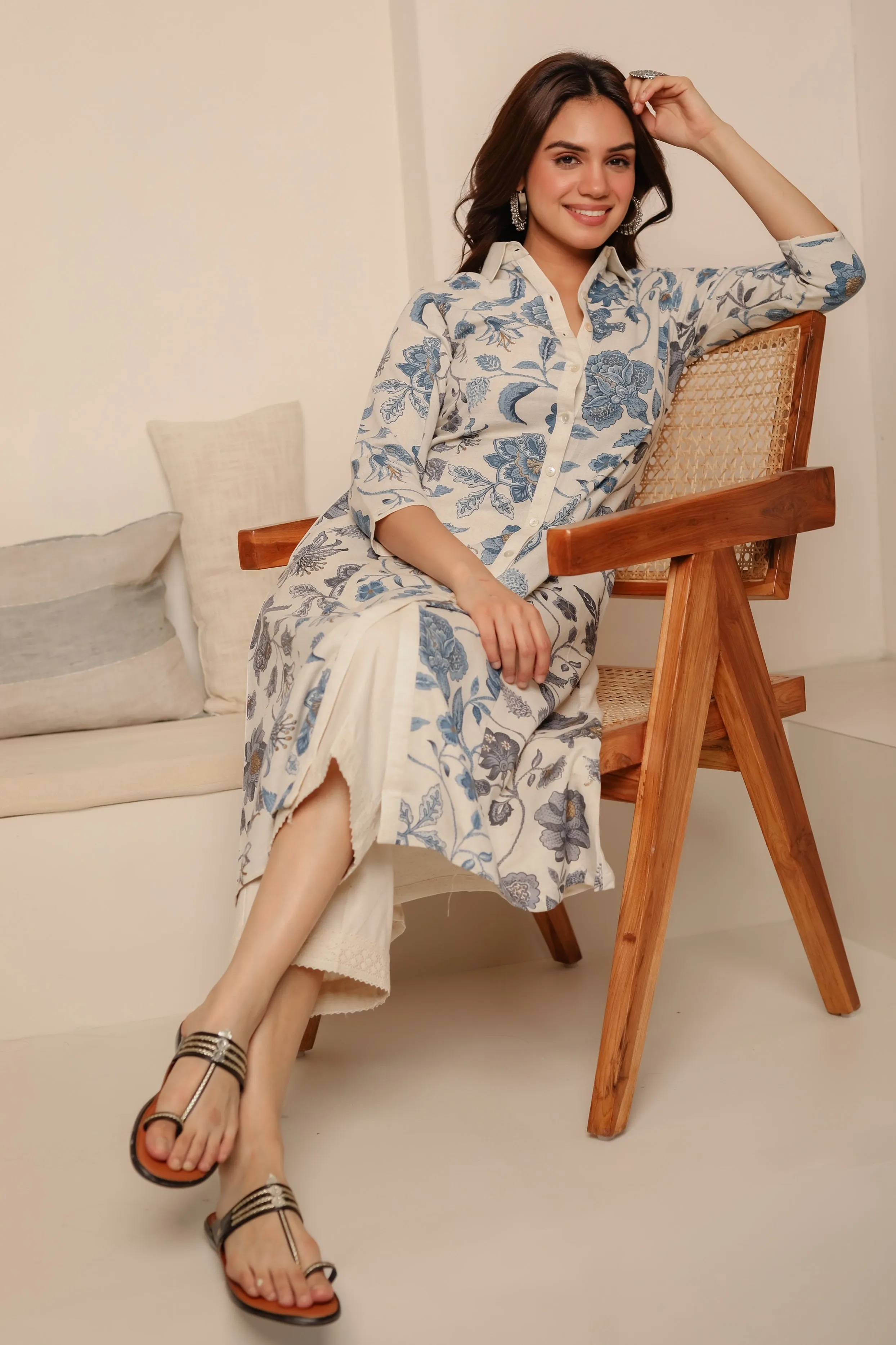 Cream With Blue Cotton Flex Ready-To-Wear A-Line Woven Kurta With Pant