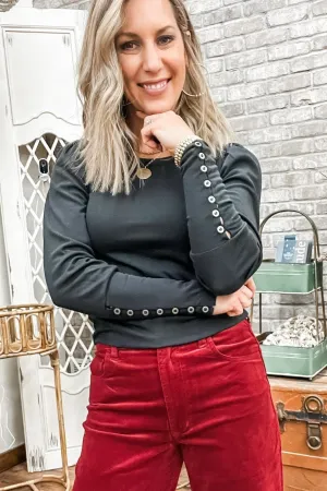 Crew Neck Knit Top with Button Sleeve Detail