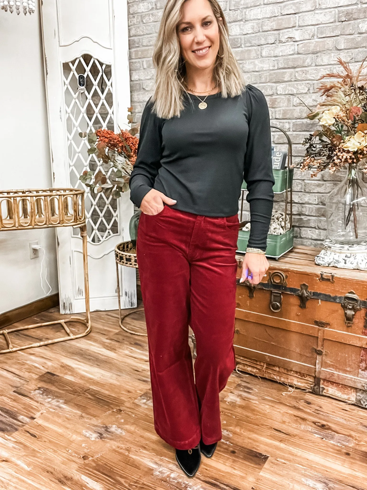 Crew Neck Knit Top with Button Sleeve Detail