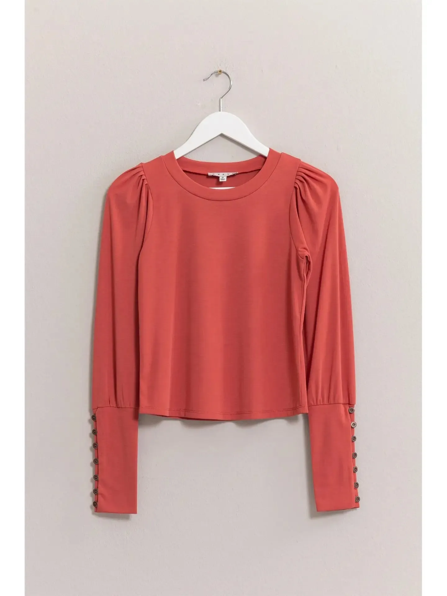 Crew Neck Knit Top with Button Sleeve Detail