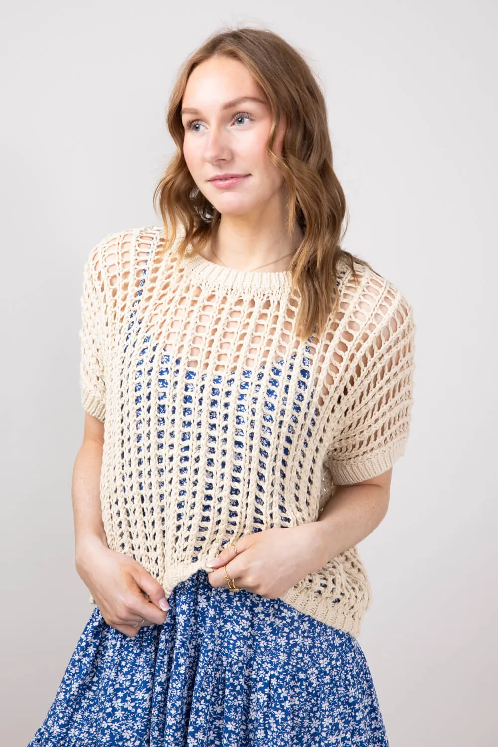 Crochet Short Sleeve Sweater for Women in Natural | MAS2548-NAT