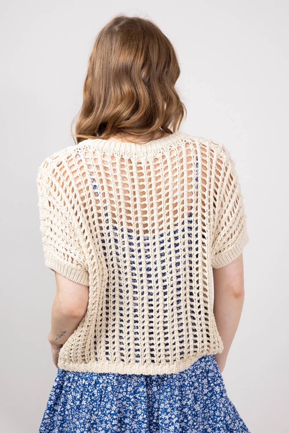 Crochet Short Sleeve Sweater for Women in Natural | MAS2548-NAT