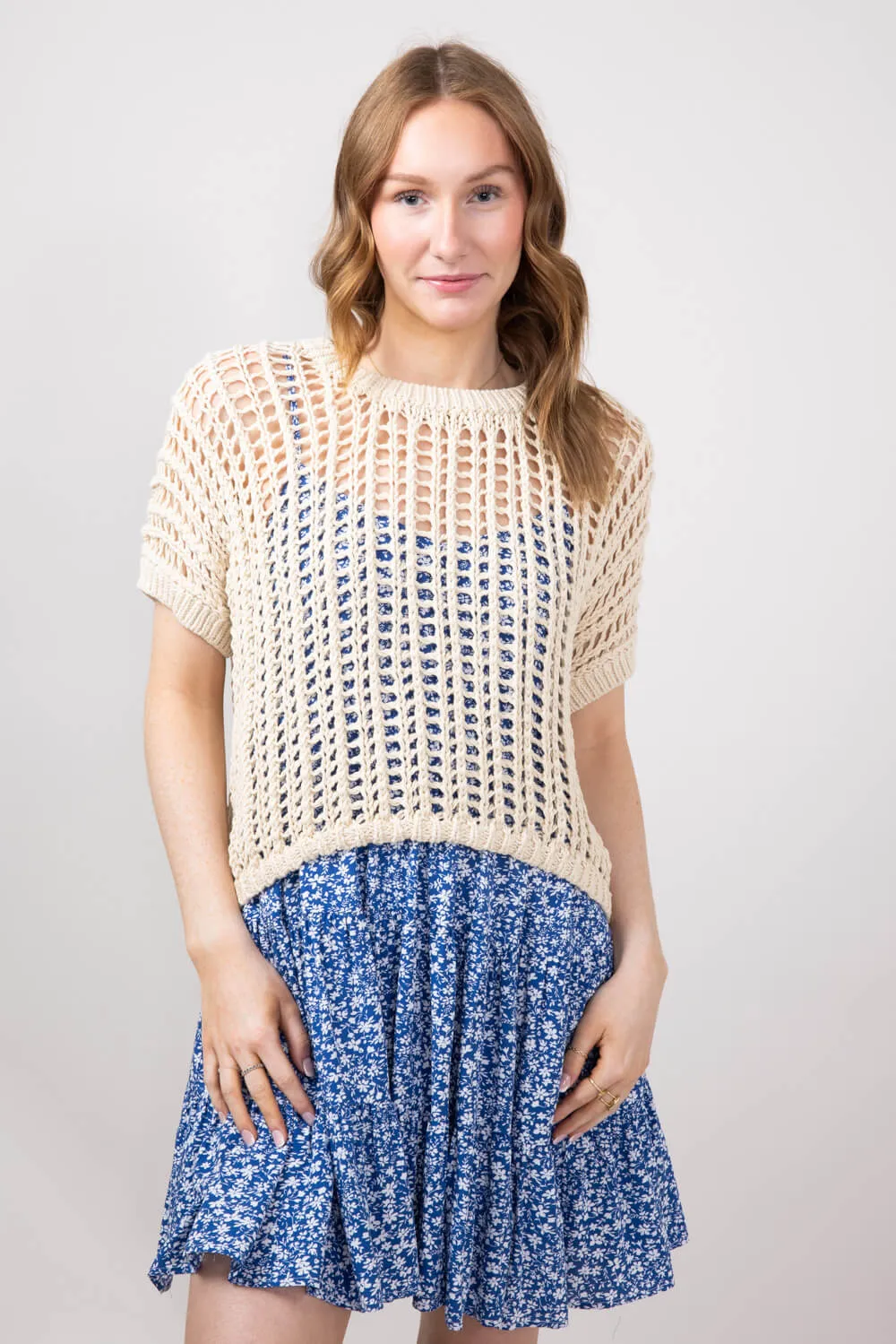 Crochet Short Sleeve Sweater for Women in Natural | MAS2548-NAT
