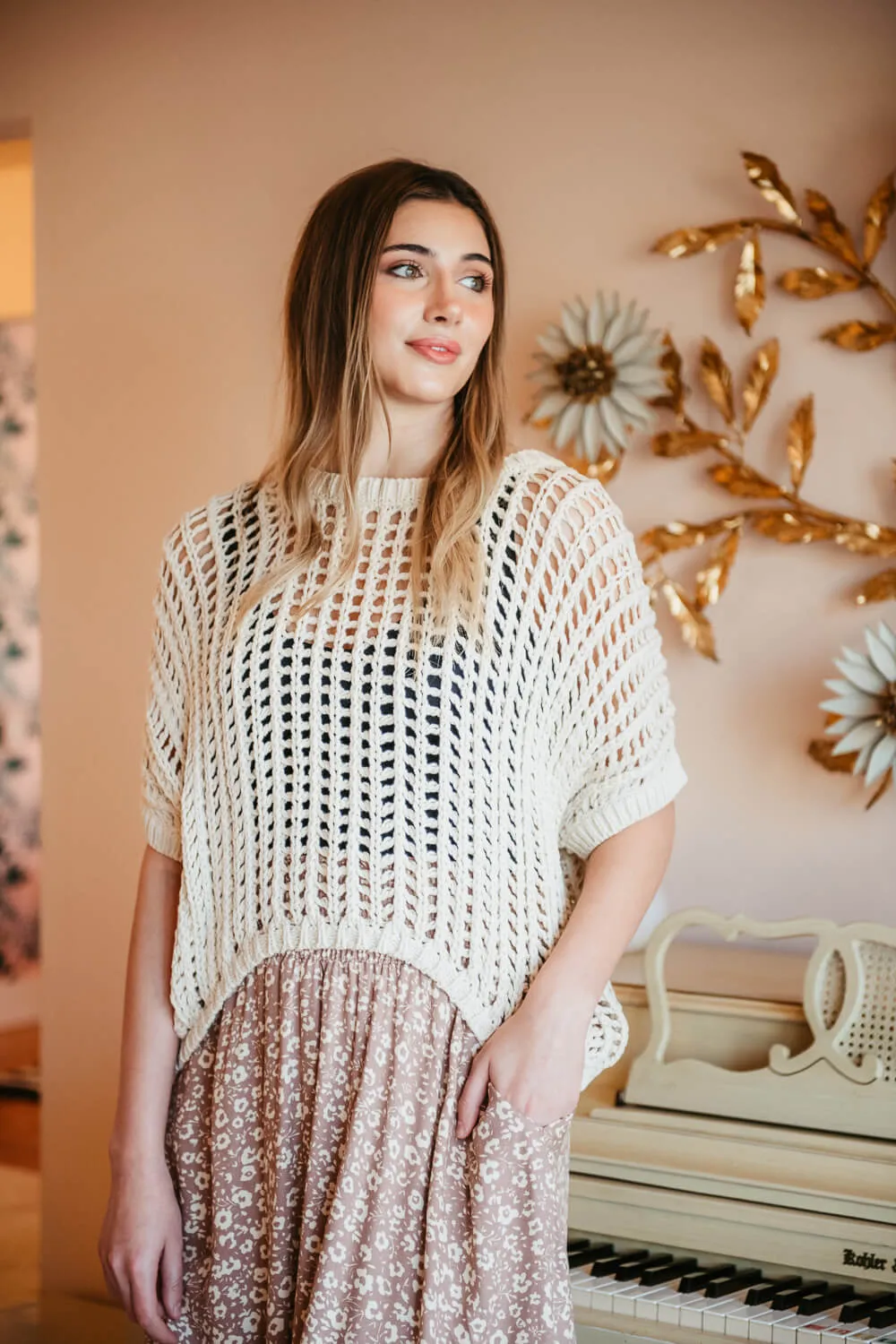 Crochet Short Sleeve Sweater for Women in Natural | MAS2548-NAT