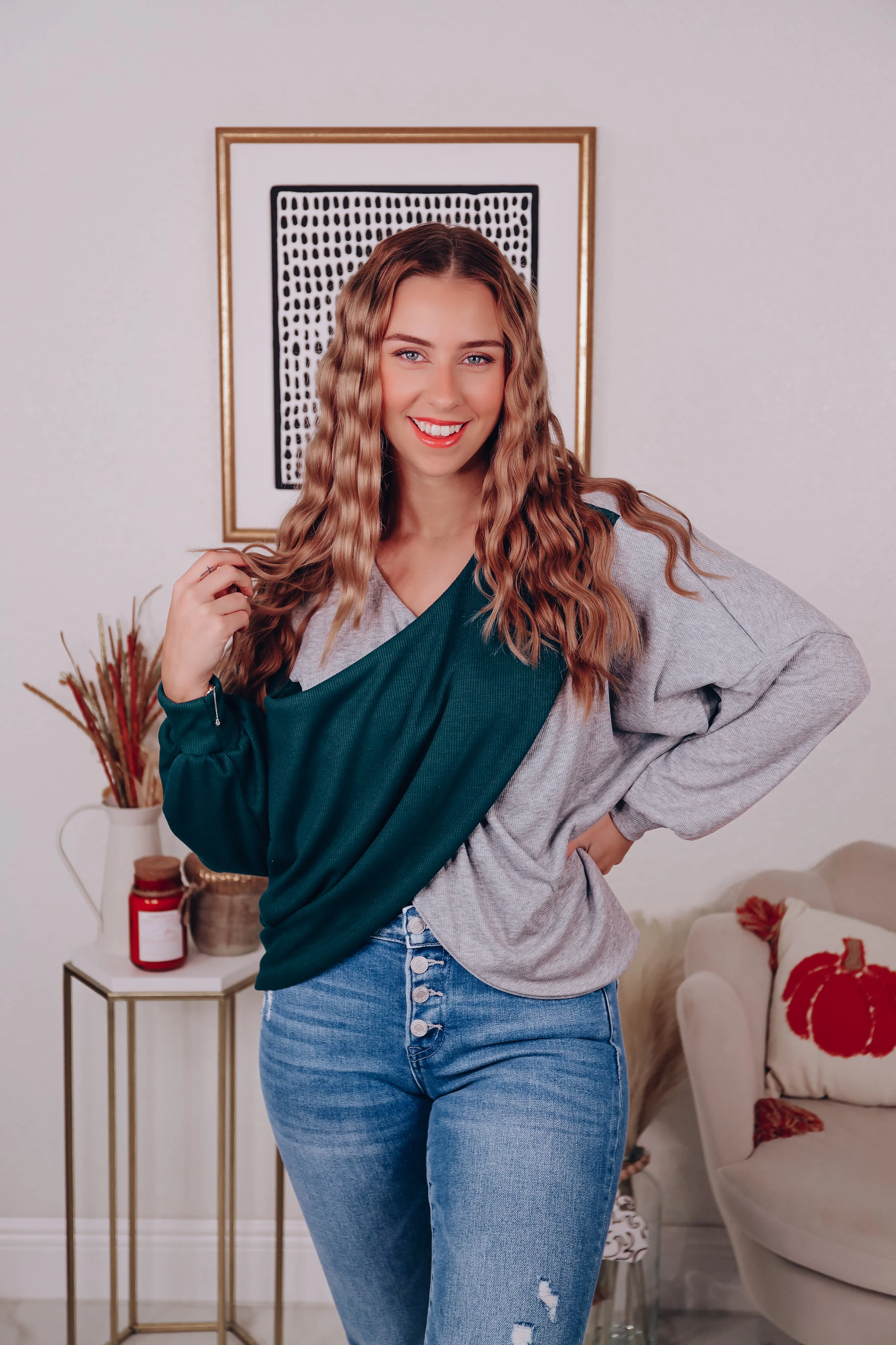 Cross Front Color Block Top - Grey/Green