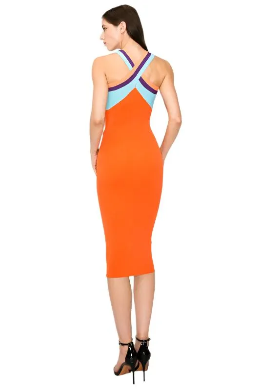 Crossover Contrast Neckline Stretch Ribbed Knit Midi Dress