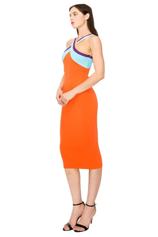 Crossover Contrast Neckline Stretch Ribbed Knit Midi Dress