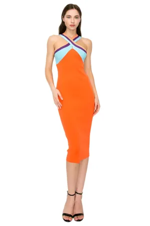 Crossover Contrast Neckline Stretch Ribbed Knit Midi Dress