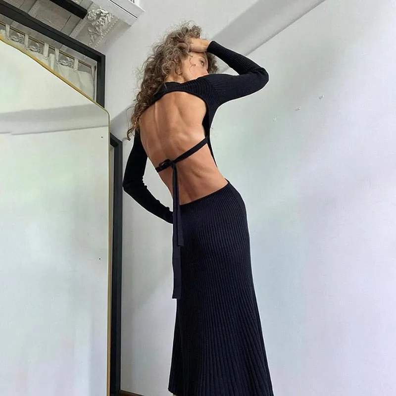 Cryptographic Sexy Backless Ribbed Knitted Midi Dresses Mock Neck Club Party Long Sleeve Dress Autumn Winter Streetwear Dresses