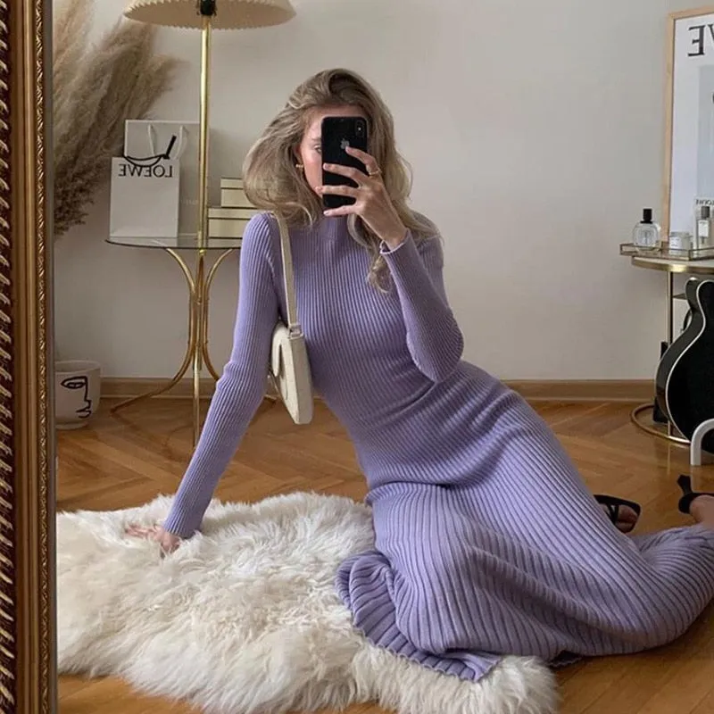 Cryptographic Sexy Backless Ribbed Knitted Midi Dresses Mock Neck Club Party Long Sleeve Dress Autumn Winter Streetwear Dresses