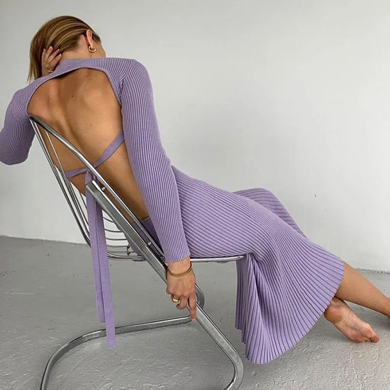 Cryptographic Sexy Backless Ribbed Knitted Midi Dresses Mock Neck Club Party Long Sleeve Dress Autumn Winter Streetwear Dresses
