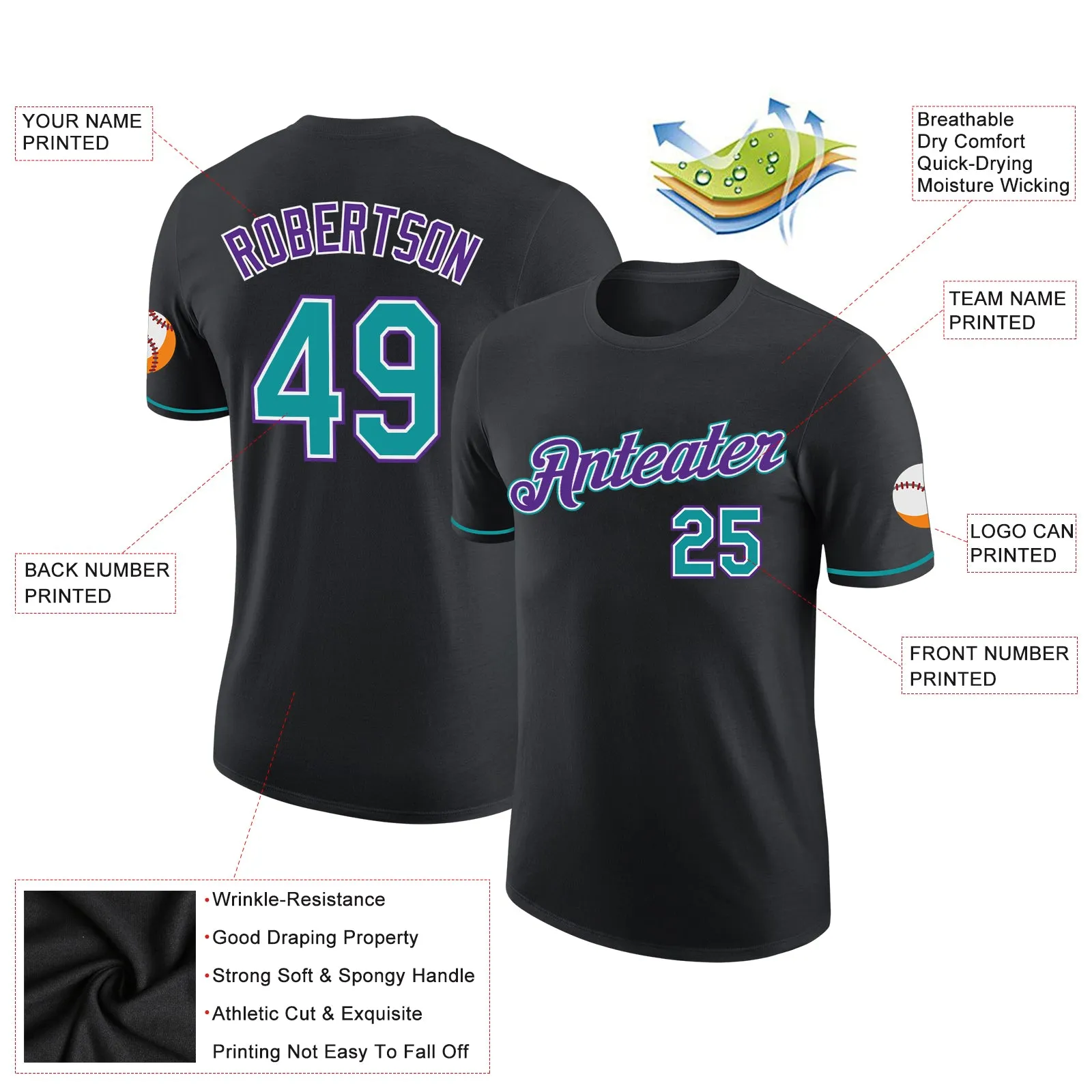 Custom Black Teal-Purple Performance T-Shirt