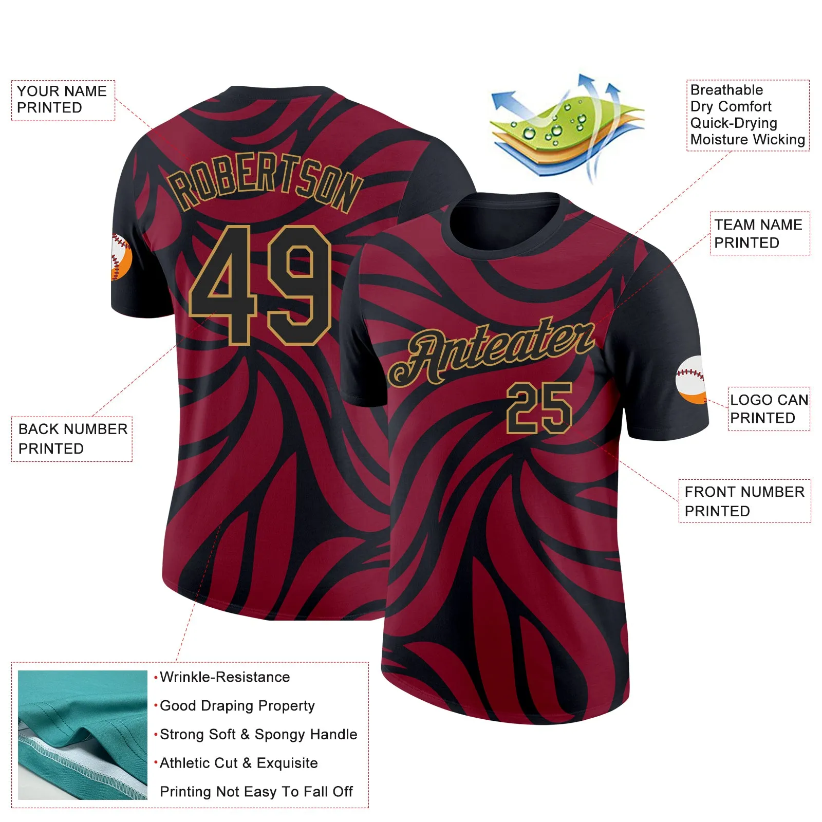 Custom Crimson Black-Old Gold 3D Esports Performance T-Shirt