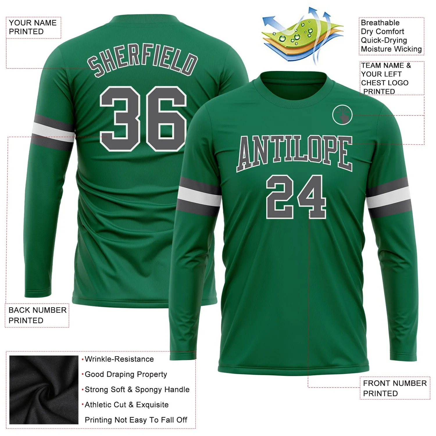 Custom Kelly Green Steel Gray-White Long Sleeve Performance Salute To Service T-Shirt