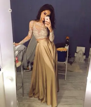 Custom Made A-Line Round Neck Long Sleeves Chiffon Lace Prom Dresses, Lace Evening Dresses
