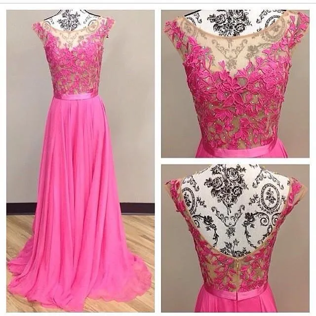 Custom Made A Line Round Neck V Neck Back Lace Prom Dress, Formal Dress, Pink Bridesmaid Dress