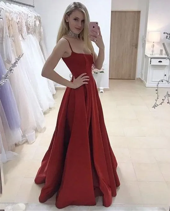 Custom Made A Line Spaghetti Straps Burgundy Satin Long Prom Dress with Side Leg Slit, Burgundy Formal Dress, Evening Dress