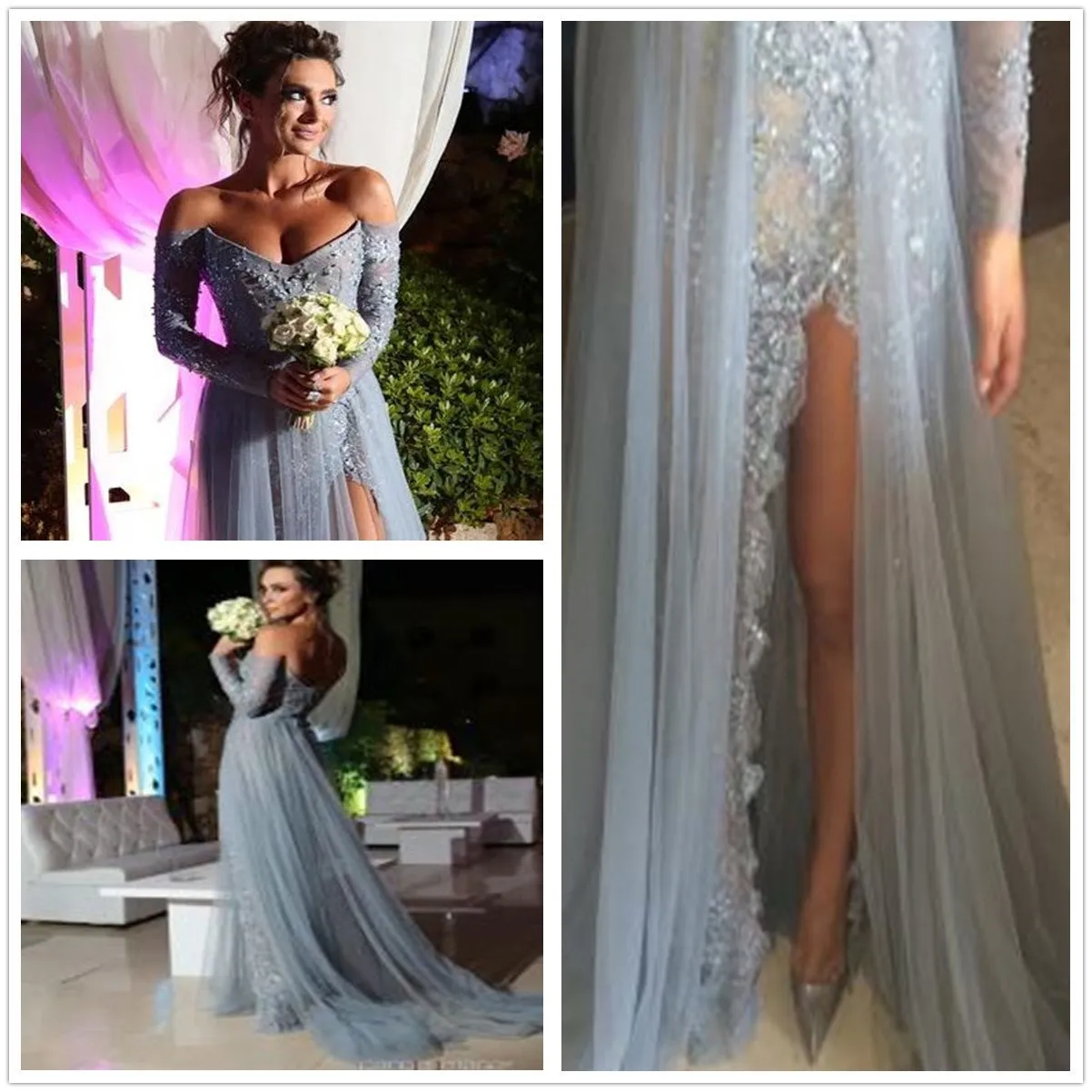 Custom Made A Line Sweetheart Neck Long Sleeves Silver Grey Prom Dresses, Long Formal Dresses