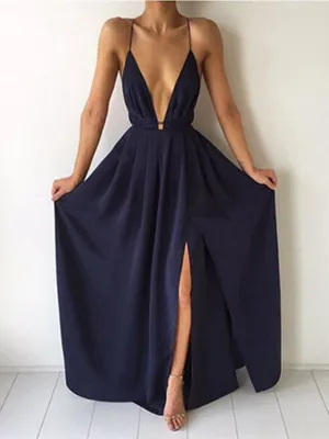 Custom Made A Line V Neck Backless Navy Blue Prom Dresses, Navy Blue Formal Dresses