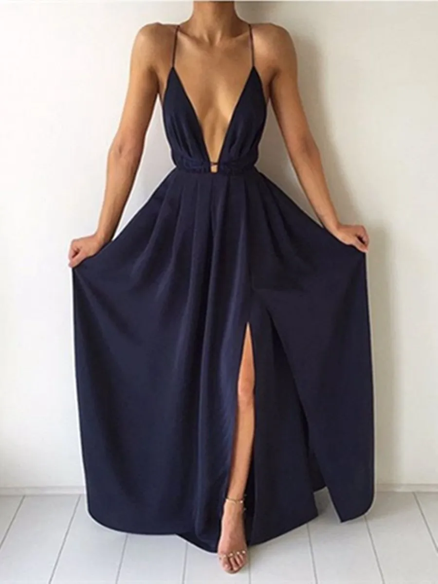 Custom Made A Line V Neck Backless Navy Blue Prom Dresses, Navy Blue Formal Dresses