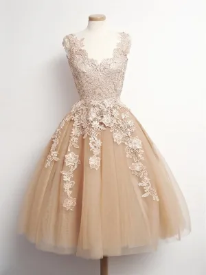 Custom Made A Line V Neck Champagne Lace Short Prom Dresses, Champagne Lace Formal Dresses, Homecoming/Graduation Dresses