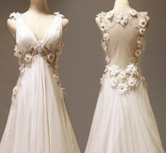 Custom Made A Line V Neck Court Train Backless Ivory Long Wedding Dress, Long Lace Prom Dress, Formal Dress
