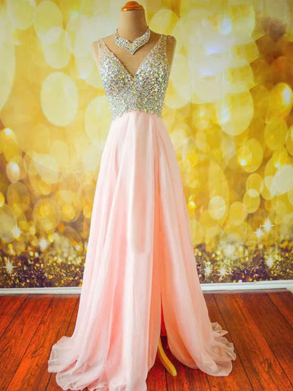 Custom Made A Line V Neck Floor Length Pink Prom Dress, Long Formal Dress, Evening Dress