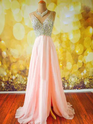 Custom Made A Line V Neck Floor Length Pink Prom Dress, Long Formal Dress, Evening Dress