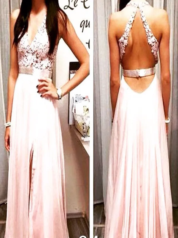 Custom Made Halter Pink V Neckline Backless Long Prom Dresses, Pink Backless Formal Dresses, Bridesmaid Dresses