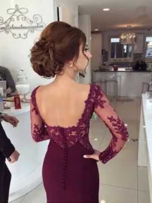 Custom Made Long Sleeves Mermaid Floor Length Maroon Lace Prom Dresses, Maroon Lace Bridesmaid Dresses
