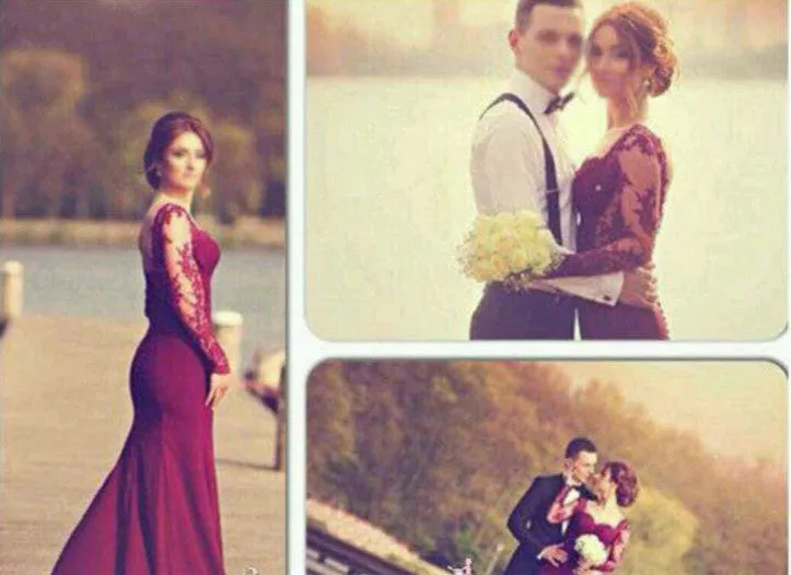 Custom Made Long Sleeves Mermaid Floor Length Maroon Lace Prom Dresses, Maroon Lace Bridesmaid Dresses