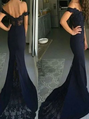 Custom Made Navy Blue Off Shoulder Mermaid Lace Prom Dress, Navy Blue Lace Formal Dress, Navy Blue Lace Bridesmaid Dress
